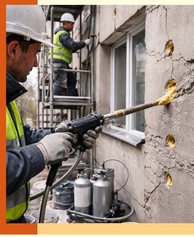 Заполнение пустот в фасаде и утепление стен в Пушкино